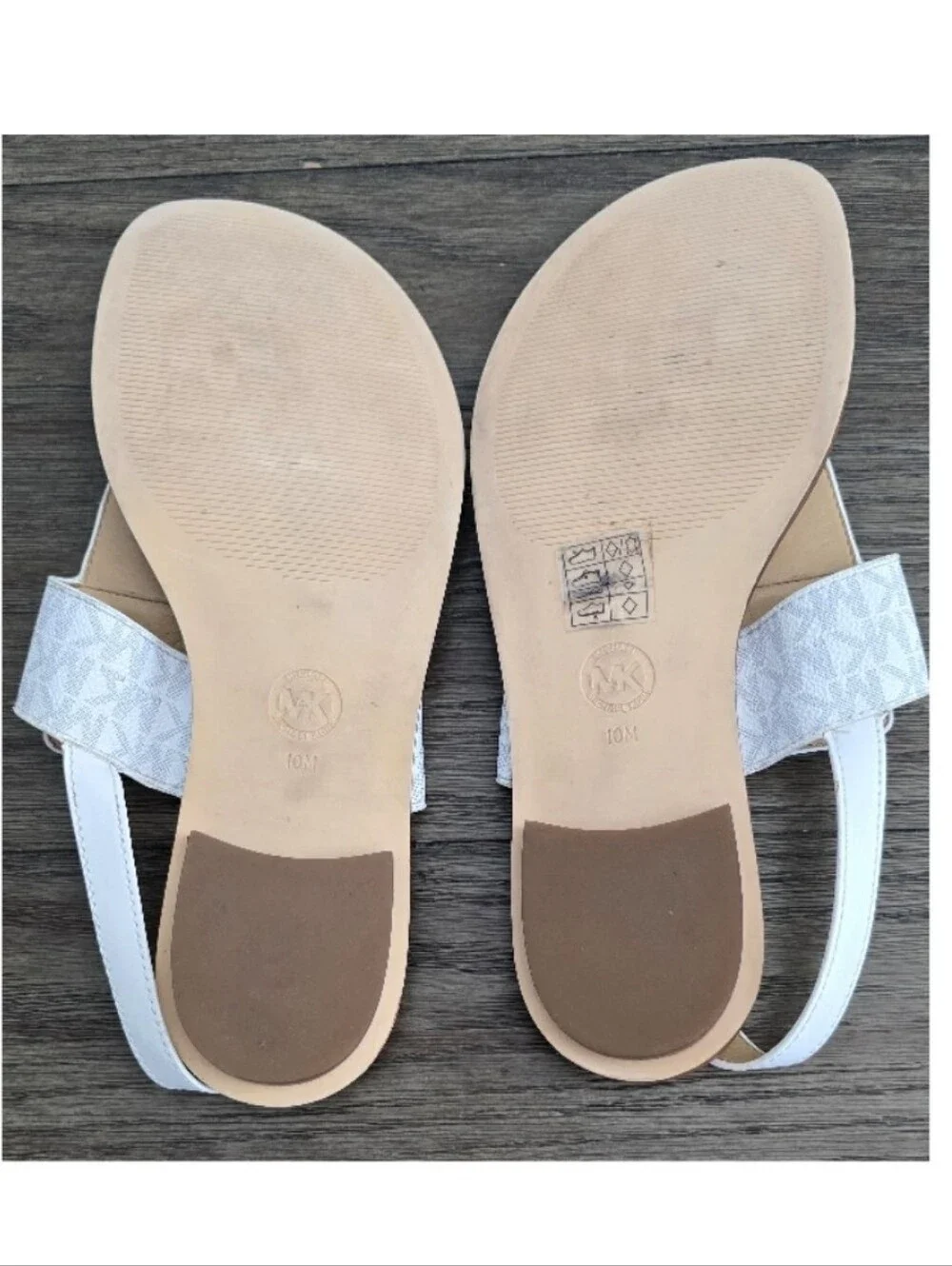 Michael Kors White Leather Thong Sandals with Silver MK Emblem, Size 10